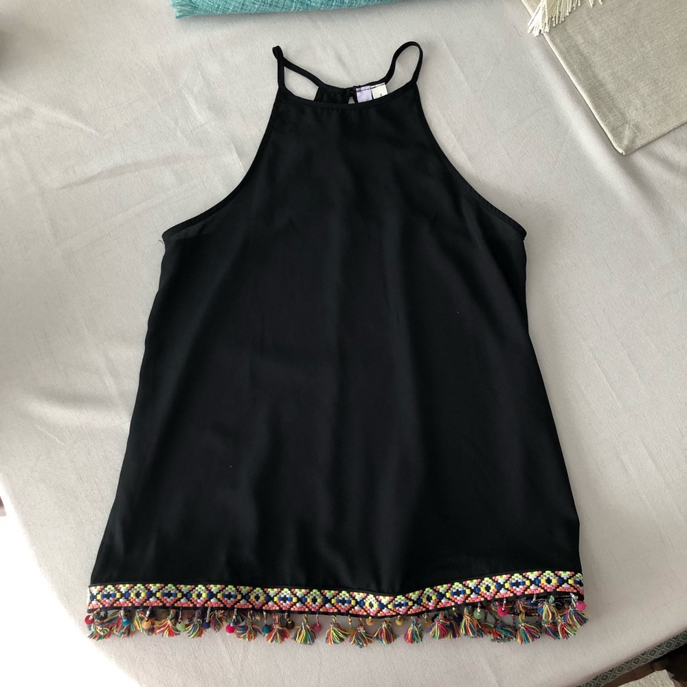 {alya} Halter tank top with beads and fringe, S